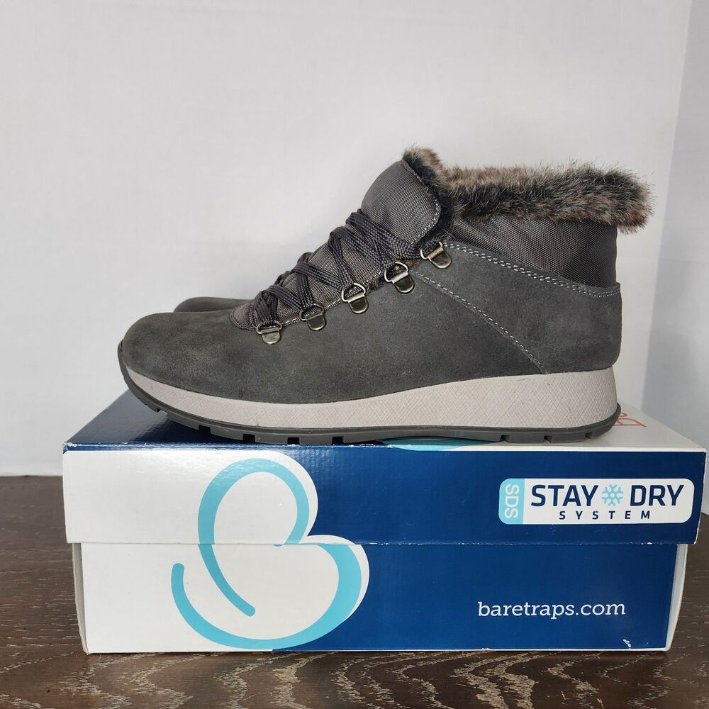 Bare Traps Women's Size 9M Grazi Gray Suede Lace Up Ankle Boots Faux Fur